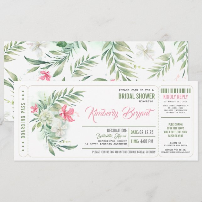 Boarding Pass | Floral Beach Bridal Shower Ticket Invitation (Front/Back)