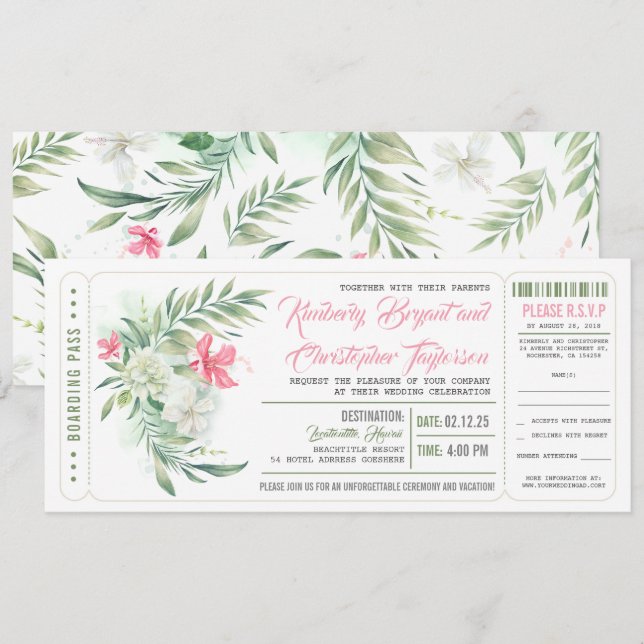 Boarding Pass | Floral Beach | Wedding Ticket Invitation (Front/Back)