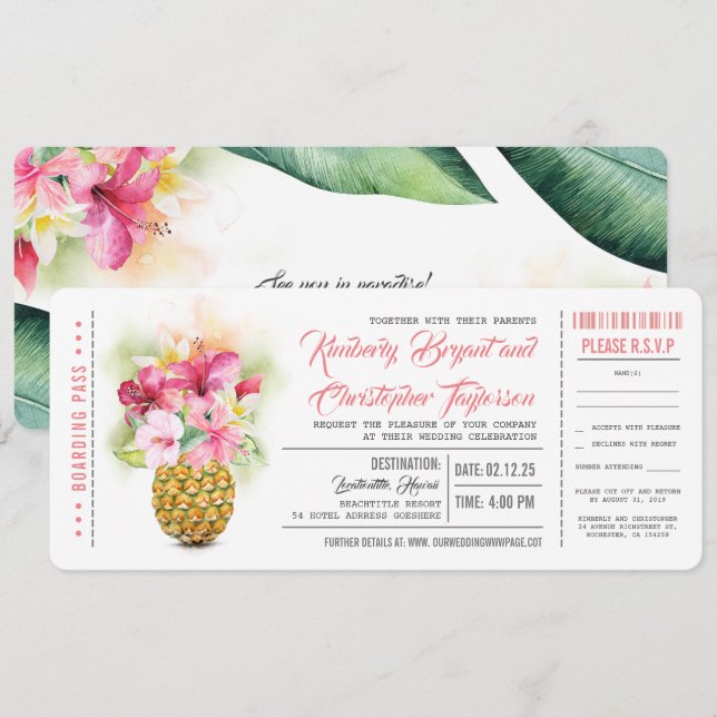 Boarding Pass Floral Pineapple Wedding Tickets Invitation (Front/Back)
