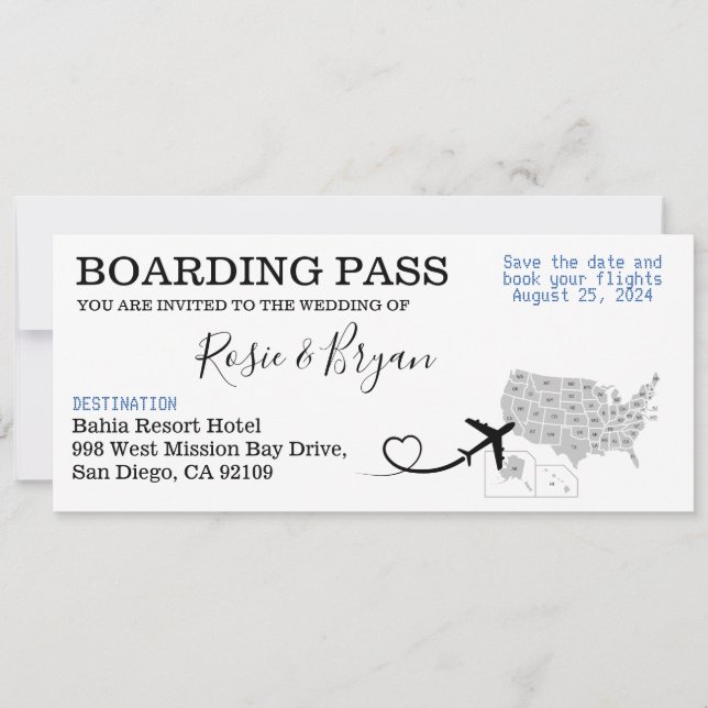 Boarding Pass for a wedding in San Diego, USA Invitation (Front)