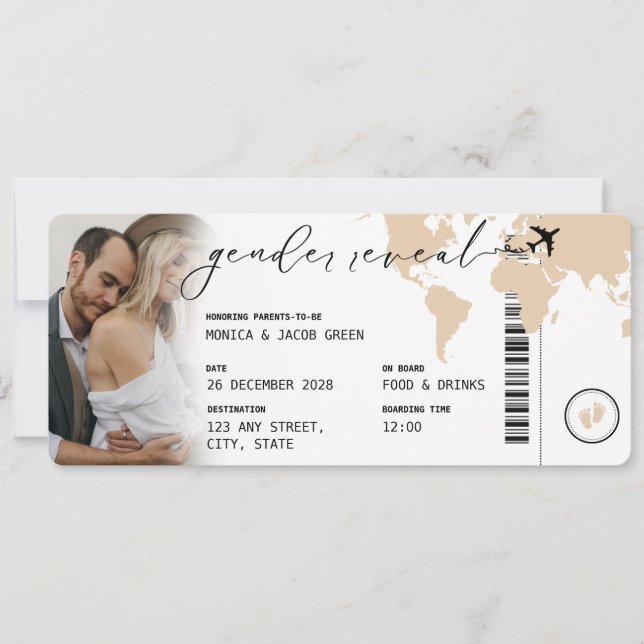 Boarding Pass Gender Reveal Beige Neutral Travel Invitation (Front)