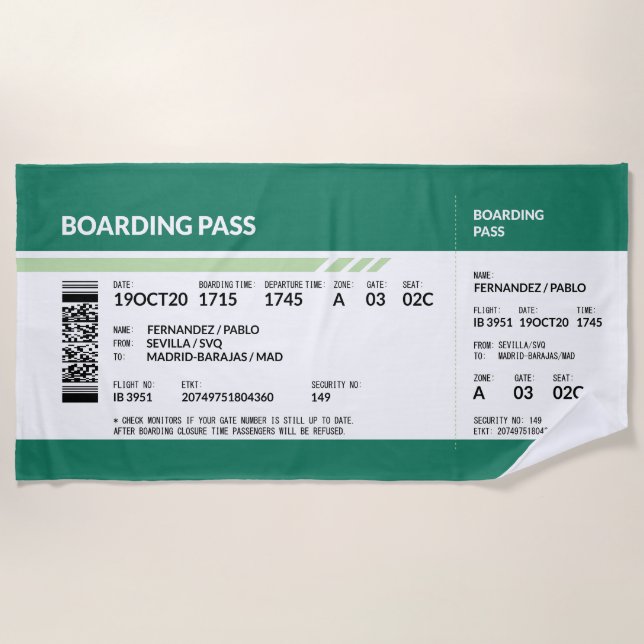 Boarding Pass - Green Beach Towel (Front)
