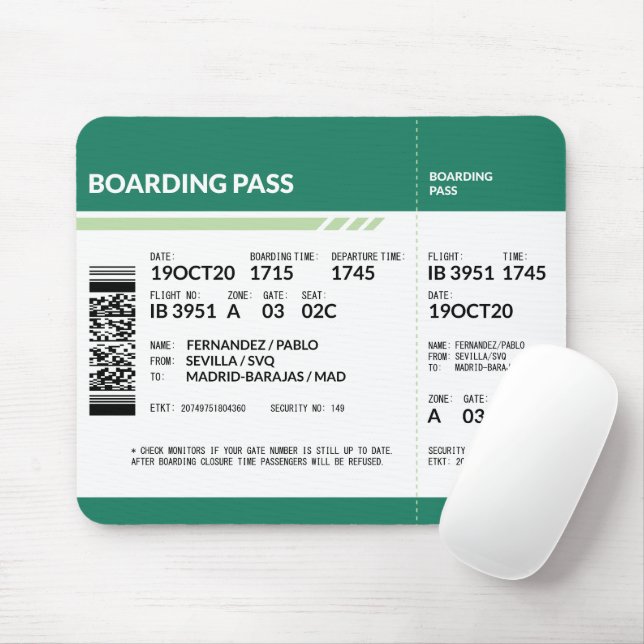 Boarding Pass - Green Mouse Mat (With Mouse)