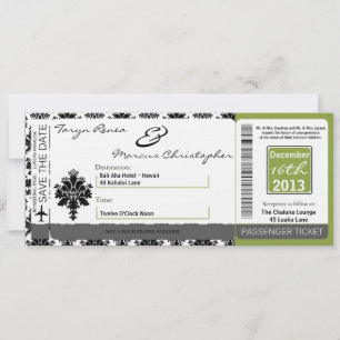 Boarding Pass Linen Wedding Invitation Black Green