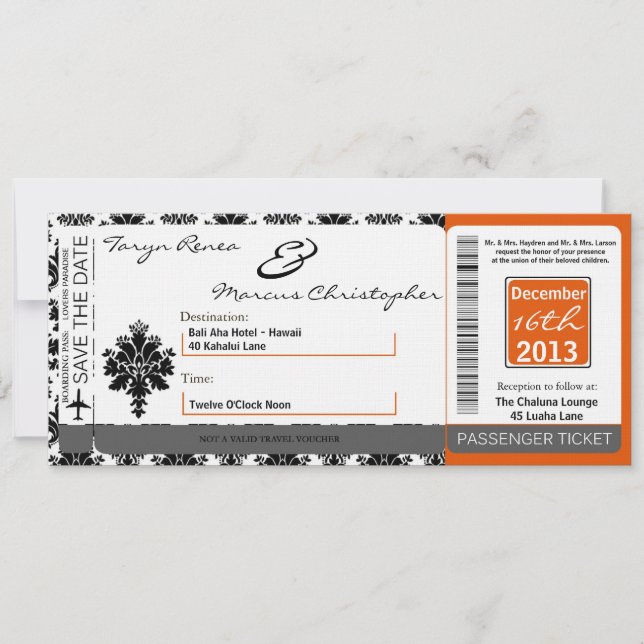 Boarding Pass Linen Wedding Invitation Black Orang (Front)