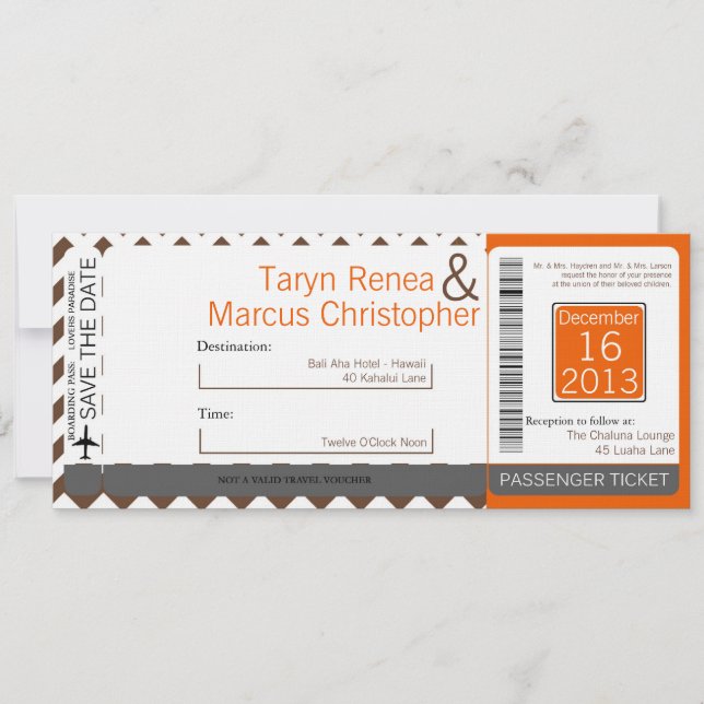 Boarding Pass Linen Wedding Invitation Brown Chevr (Front)