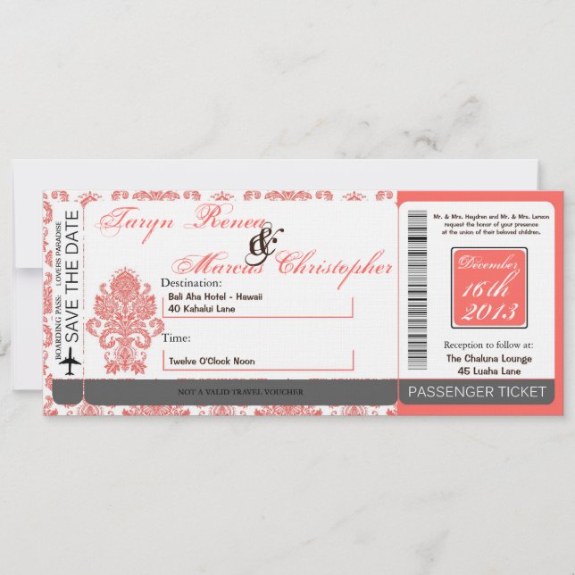 Boarding Pass Linen Wedding Invitation Damask Cora (Front)