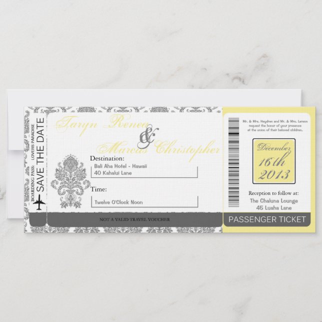 Boarding Pass Linen Wedding Invitation Damask Grey (Front)
