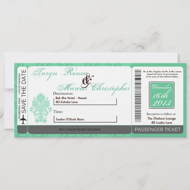 Boarding Pass Linen Wedding Invitation Damask Mint (Front)