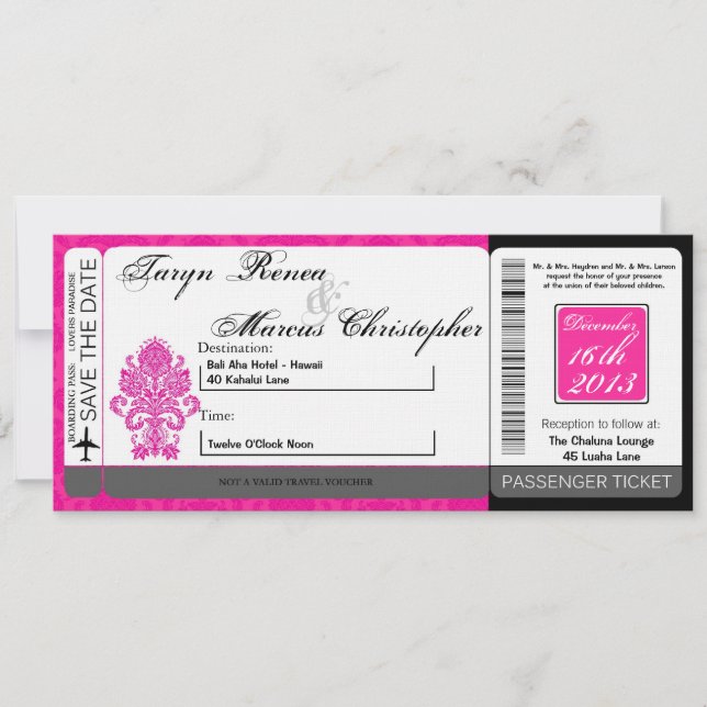 Boarding Pass Linen Wedding Invitation Damask Pink (Front)