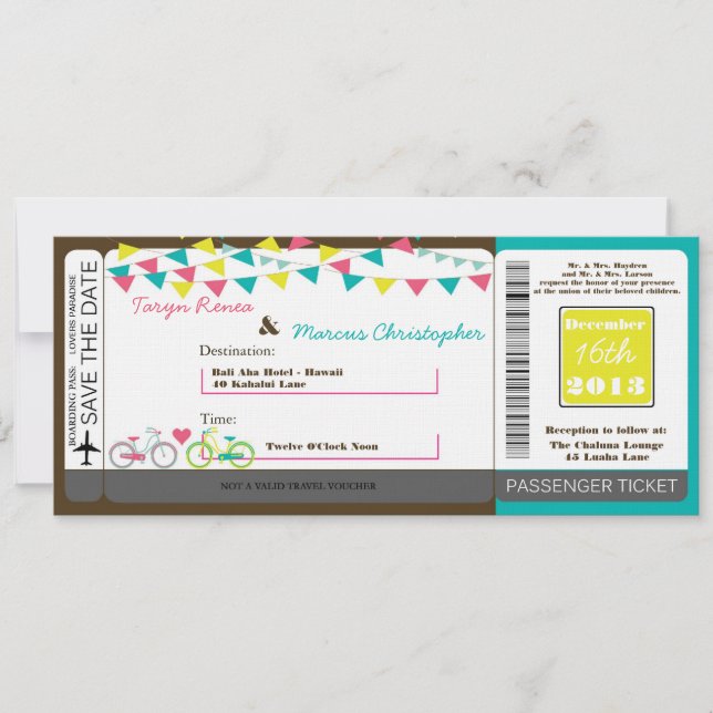 Boarding Pass Linen Wedding Invitation Love Bikes (Front)