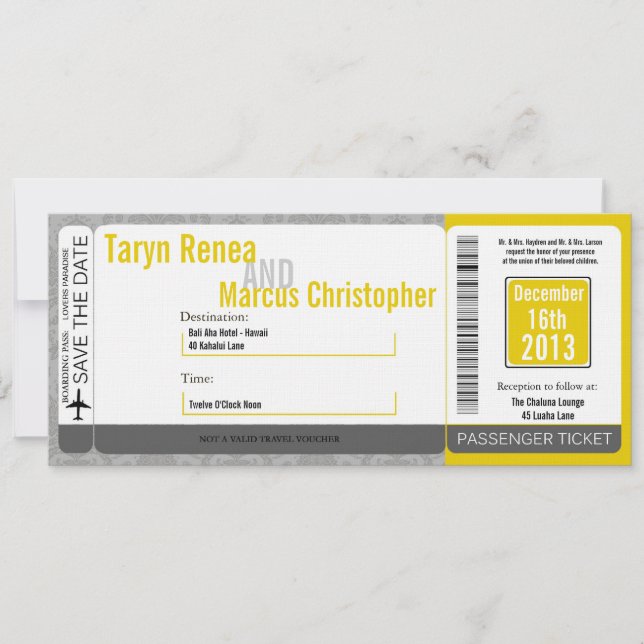 Boarding Pass Linen Wedding Invitation Modern Dama (Front)