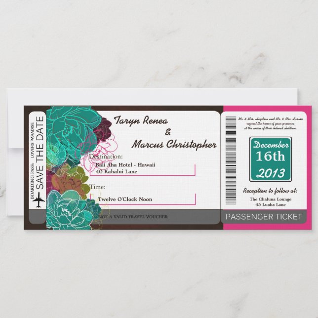 Boarding Pass Linen Wedding Invitation Neon Spring (Front)