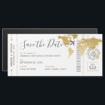 Boarding Pass Magnet Save the Date Gold Map<br><div class="desc">Magnetic Boarding Pass Save the Date Card for a Destination Wedding or Travel Theme Reception with a faux gold world map, romantic aeroplane with a heart wedding logo, and personalised wedding passport stamp design with your names, wedding date, and location. The template has fonts, text, and colours that are editable...</div>