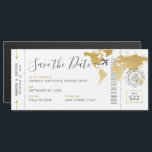 Boarding Pass Magnet Save the Date Gold Map<br><div class="desc">Magnetic Boarding Pass Save the Date Card for a Destination Wedding or Travel Theme Reception with a faux gold world map, romantic aeroplane with a heart wedding logo, and personalised wedding passport stamp design with your names, wedding date, and location. The template has fonts, text, and colours that are editable...</div>