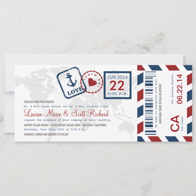 Boarding Pass Nautical Airmail Ticket Invitation (Front)