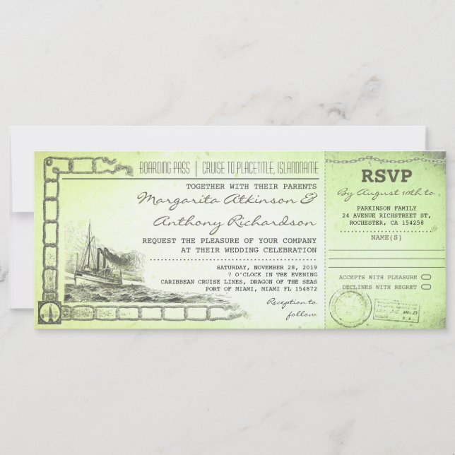 boarding pass nautical wedding invitations tickets (Front)