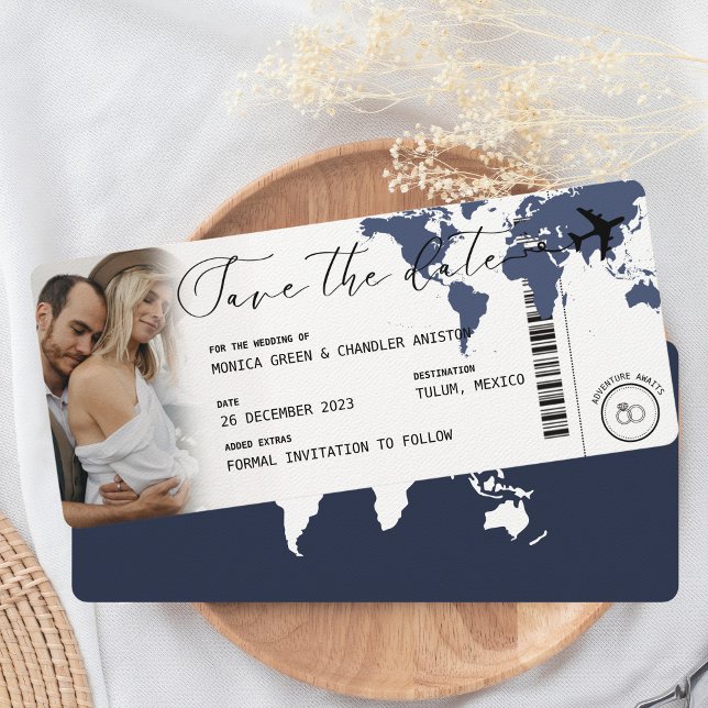 Boarding Pass Navy Blue Map Photo Save the Date (Save the Date - Boarding Pass Navy Blue with Photo of a couple)
