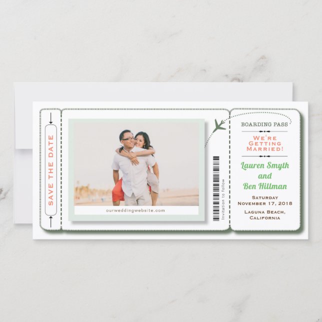 Boarding Pass Photo Save the Date Green (Front)