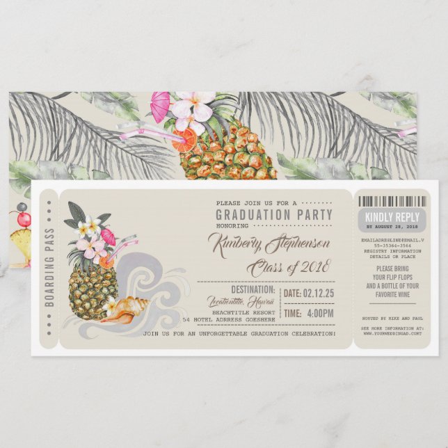 Boarding Pass | Pineapple | Beach Graduation Party Invitation (Front/Back)