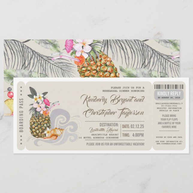 Boarding Pass | Pineapple | Beach Rehearsal Dinner Invitation (Front/Back)