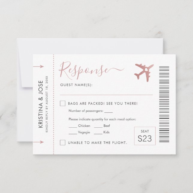 Boarding Pass Plane Ticket Pink Travel Theme RSVP Card (Front)