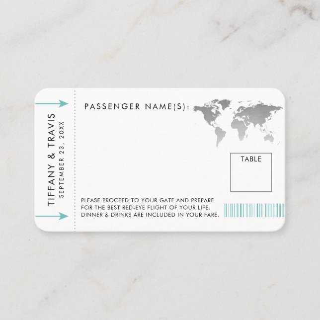 Boarding Pass Plane Ticket Place Card Silver Map (Front)