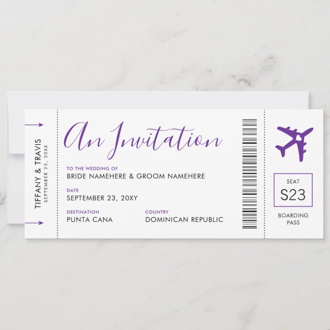 Boarding Pass Plane Ticket Purple Travel Wedding  Invitation (Front)