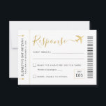Boarding Pass Plane Ticket Travel Theme Party RSVP Card<br><div class="desc">Boarding Pass Ticket RSVP Card with a gold aeroplane logo in faux gold and black modern and script fonts, perfect for an "around the world" theme birthday party, sweet 16, wedding or bat mitzvah. This version features simple and cute travel-themed wording for yes/no guest options and space for them to...</div>