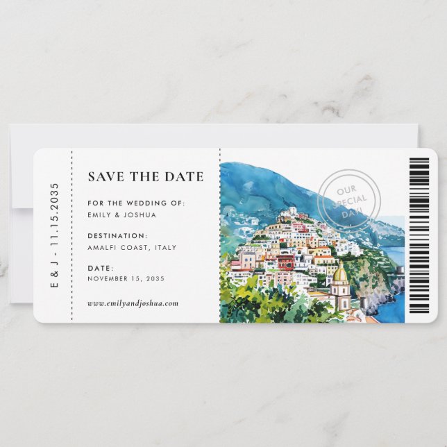 Boarding Pass Positano Amalfi Coast Wedding Save The Date (Front)