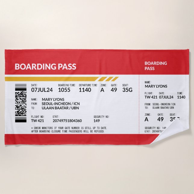 Boarding Pass - Red Beach Towel (Front)