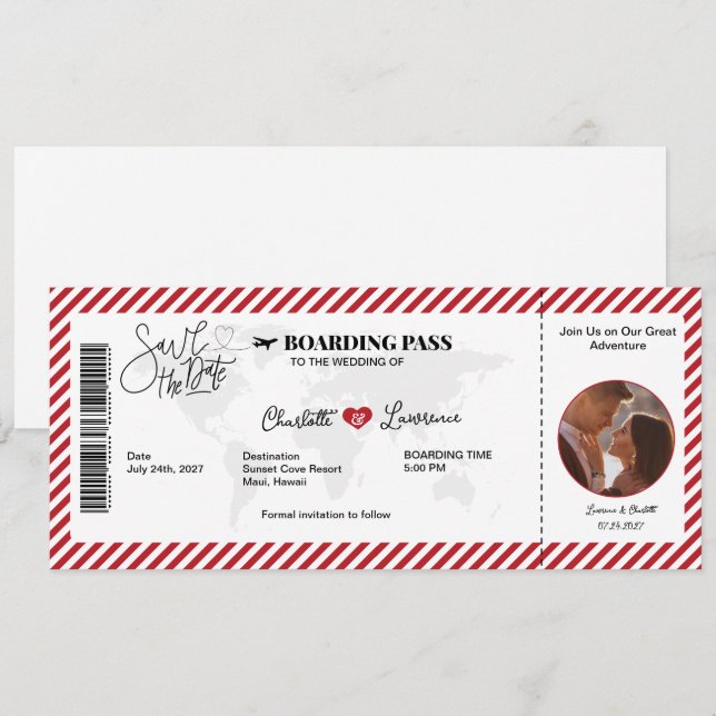 Boarding Pass Romance Red Pattern Wedding Save The Date (Front/Back)