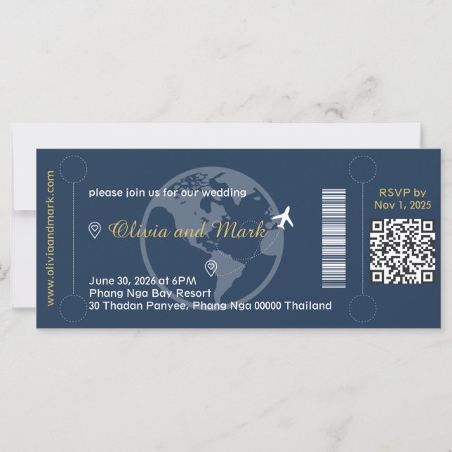 Boarding Pass RSVP Card – Navy & Gold (Front)