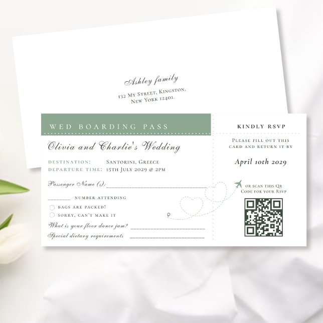 Boarding Pass Sage Qr Code Wedding Destination Holiday Card (Creator Uploaded)