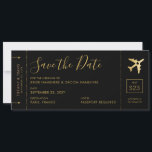 Boarding Pass Save the Date Black Gold Heart Plane Announcement<br><div class="desc">Boarding Pass Save the Date Aeroplane Ticket Card in Black and Faux Gold Foil with an elegant minimalist modern design featuring our fun and unique aeroplane with a heart centre motif, shown in black and gold, but all text, lines, and background colours are editable so you can create your own...</div>