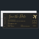 Boarding Pass Save the Date Black Gold Heart Plane Announcement<br><div class="desc">Boarding Pass Save the Date Aeroplane Ticket Card in Black and Faux Gold Foil with an elegant minimalist modern design featuring our fun and unique aeroplane with a heart centre motif, shown in black and gold, but all text, lines, and background colours are editable so you can create your own...</div>