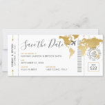 Boarding Pass Save the Date Gold World Map Invitation<br><div class="desc">Boarding pass save the date for a destination wedding featuring a faux gold foil world map, our romantic aeroplane with a heart wedding logo, and a personalised custom wedding passport stamp with your names, wedding date, and location. All fonts, text, and colours are editable aside from the gold globe image,...</div>
