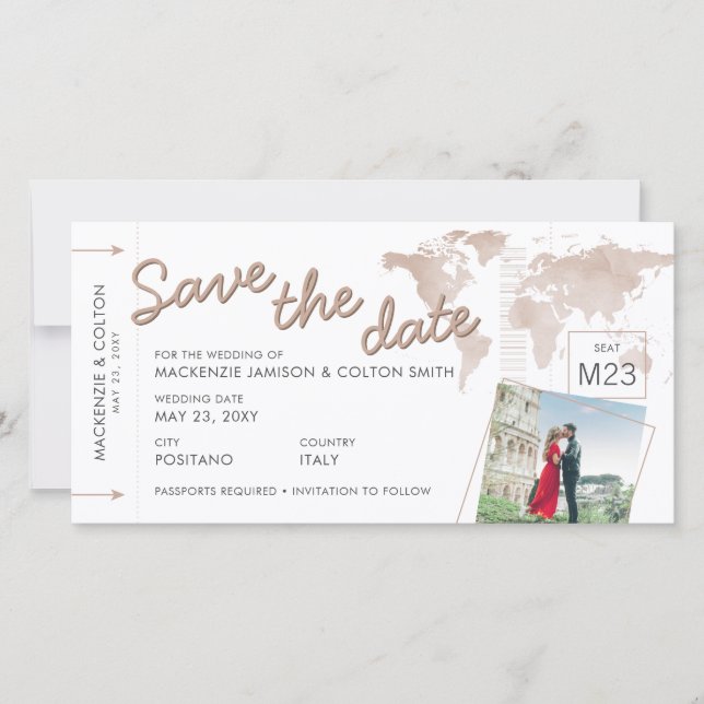 Boarding Pass Save the Date Photo Tan World Map (Front)