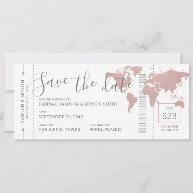 Boarding Pass Save the Date Pink Map Ticket (Front)