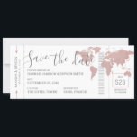 Boarding Pass Save the Date Pink Map Ticket<br><div class="desc">Rose gold world map destination wedding save the date that looks like a boarding pass plane ticket with a romantic aeroplane travel logo on the back. All details can be edited for any type of party or wedding location abroad. The pink and grey colour scheme is perfect for a modern...</div>