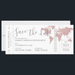 Boarding Pass Save the Date Pink Map Ticket<br><div class="desc">Rose gold world map destination wedding save the date that looks like a boarding pass plane ticket with a romantic aeroplane travel logo on the back. All details can be edited for any type of party or wedding location abroad. The pink and grey colour scheme is perfect for a modern...</div>
