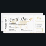 Boarding Pass Save the Date with Attached RSVP<br><div class="desc">Boarding Pass Plane Ticket Save the Date Invitation Card with a small attached RSVP section for a Destination Wedding featuring a romantic aeroplane icon and faded gold world map background with modern elegant script fonts and back side with travel and accommodations information for guests to start planning their trip to...</div>