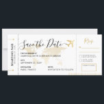 Boarding Pass Save the Date with Attached RSVP<br><div class="desc">Boarding Pass Plane Ticket Save the Date Invitation Card with a small attached RSVP section for a Destination Wedding featuring a romantic aeroplane icon and faded gold world map background with modern elegant script fonts and back side with travel and accommodations information for guests to start planning their trip to...</div>