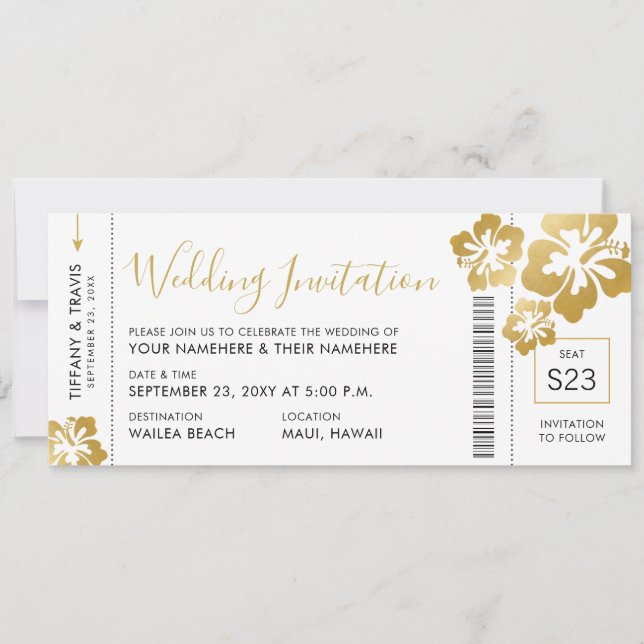 Boarding Pass Ticket Gold Hibiscus Hawaii Wedding Invitation (Front)