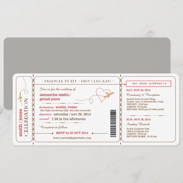 Boarding Pass Ticket Wedding Invitation (Front/Back)