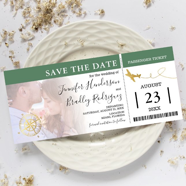 Boarding Pass Tickets | Green Save the Date Photo Invitation (Creator Uploaded)