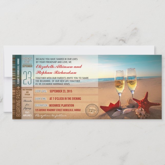 Boarding Pass Tickets Modern Beach Wedding Invitation (Front)