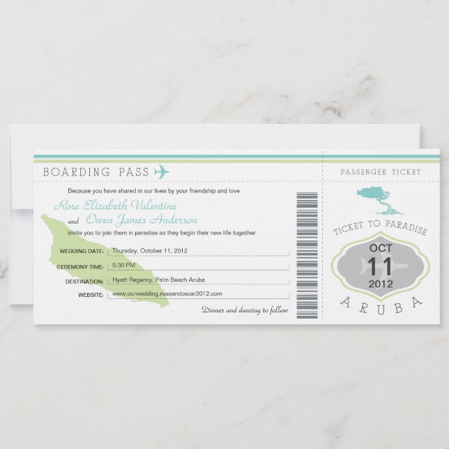 Boarding Pass to Aruba Wedding Invitation (Front)