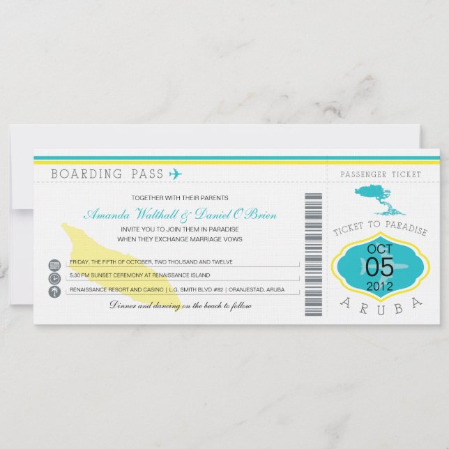 Boarding Pass to Aruba Wedding Invitation (Front)