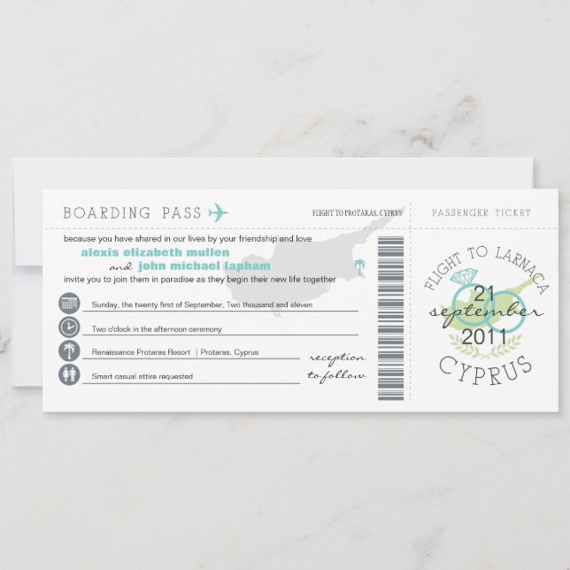 Boarding Pass to Cyprus Wedding Invitation (Front)